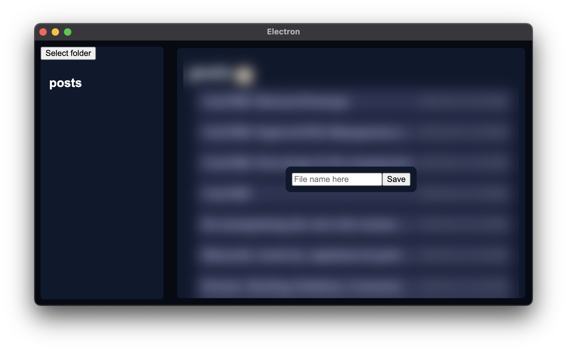 A modal pop up blurring the background of the posts list. Its got a small rectangle containing a textbox with a label saying: "File name here", with a "save" button directly to its right