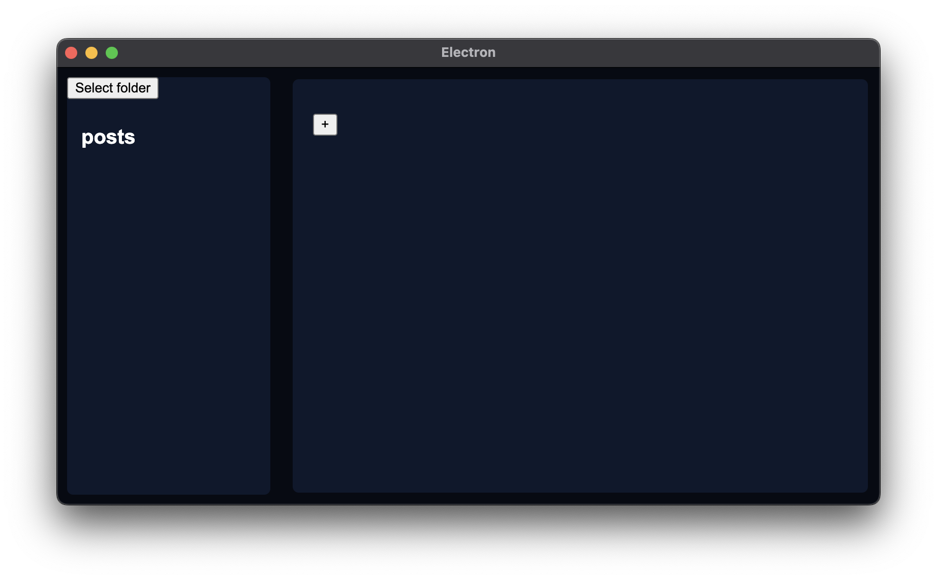 Blank 11tyCMS window split between a small vertical sidebar and a content area to the right. The sidebar has a list containing a item of a header saying "posts"