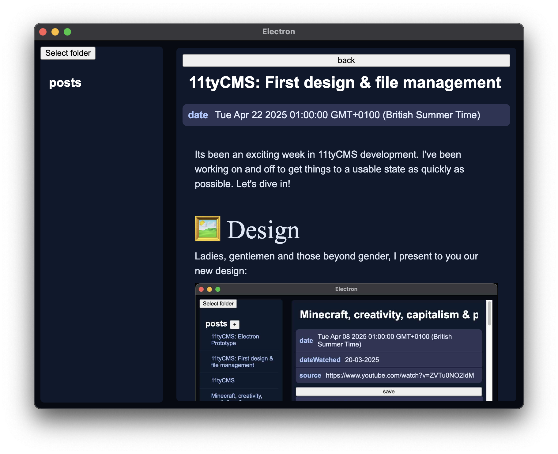 A screenshot of EleventyCMS with a blog post open displaying some images